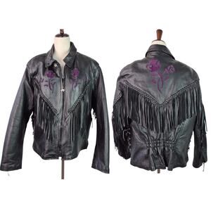 Leather Works Black Leather MOTO Jacket Purple Rose Inlay Fringe Lace Up   XXL